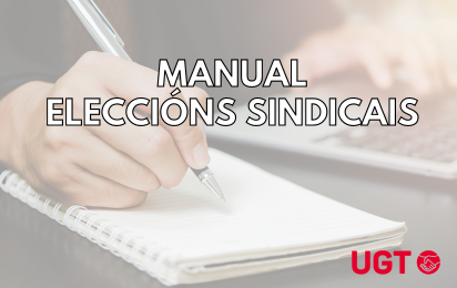 Cartaz Manual Eleccións Sindicais. Imaxe das mans dunha persoa cunha libreta e un portatil