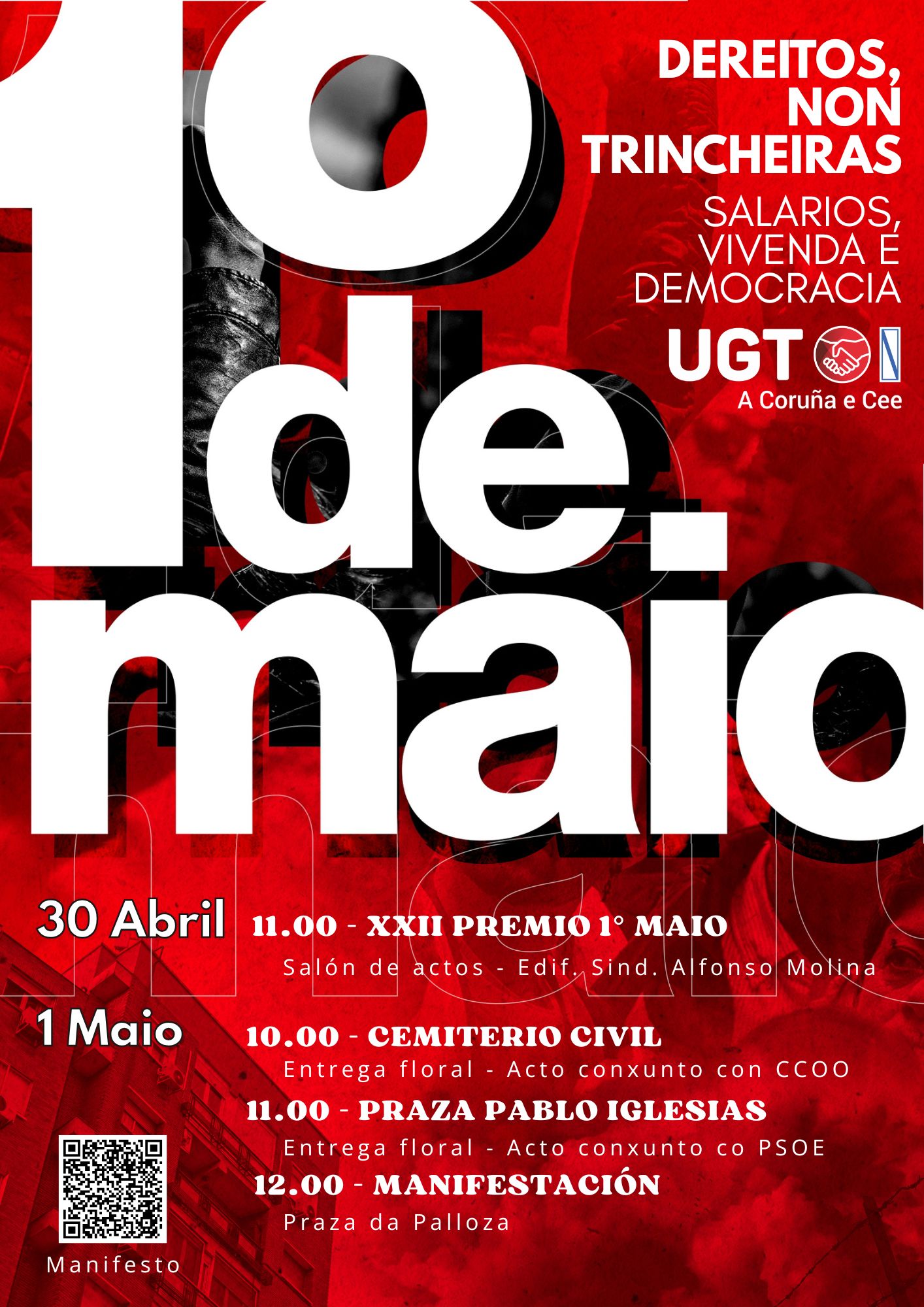 Cartel dos actos do Primeiro de Maio. Información dos actos na propia entrada.