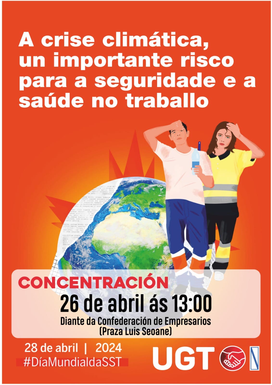 Cartaz da concentración, día 26 de abril ás 13:00 diante da Confederación de Empresarios na Praza Luis Seoane. A imaxe é a mesma da publicación da entrada